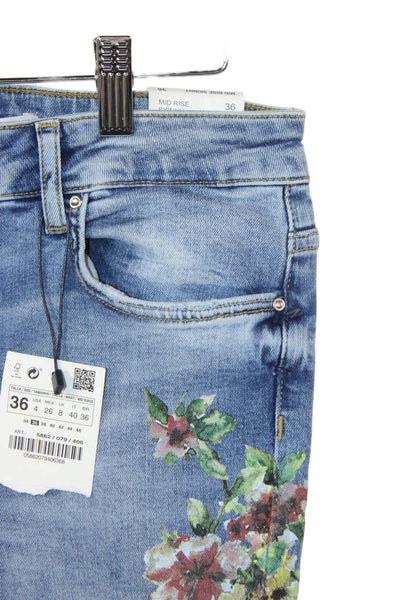 Zara Basic Unisex Skinny Floral High Rise Blue Cotton Jeans Size 4