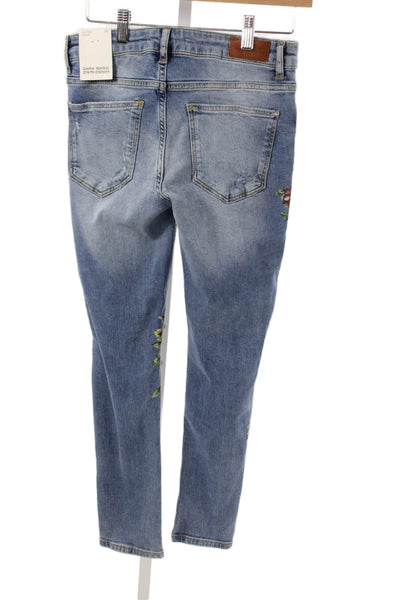 Zara Basic Unisex Skinny Floral High Rise Blue Cotton Jeans Size 4