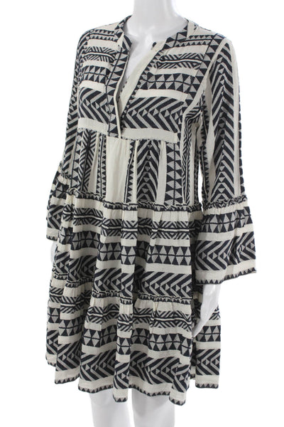 Devotion Women Trapeze Dress Black Geometric V-Neck Long Sleeve Size XS