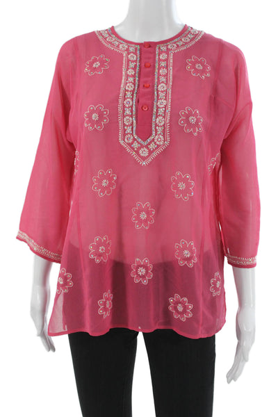 DKNY Women Tunic Pink Floral Henley Button 3/4 Sleeve Polyester Size M