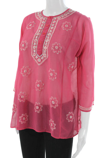 DKNY Women Tunic Pink Floral Henley Button 3/4 Sleeve Polyester Size M