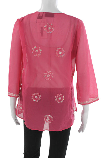 DKNY Women Tunic Pink Floral Henley Button 3/4 Sleeve Polyester Size M