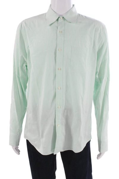 J Crew Mens Button Up Dress Shirt Green Striped 100% Cotton Long Sleeve Size L