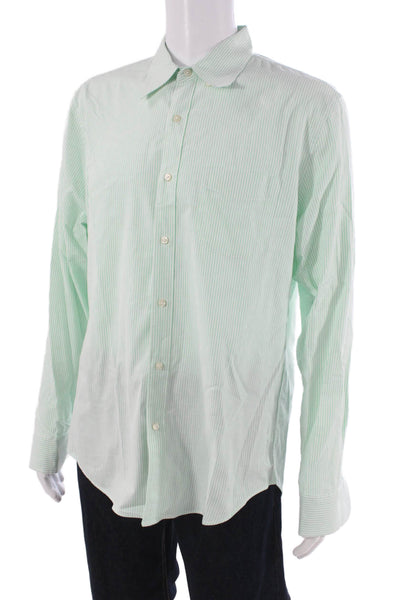 J Crew Mens Button Up Dress Shirt Green Striped 100% Cotton Long Sleeve Size L