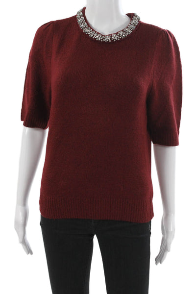 Marled Women Pullover Sweater Red Embellished Short Sleeve Round Neck Size S