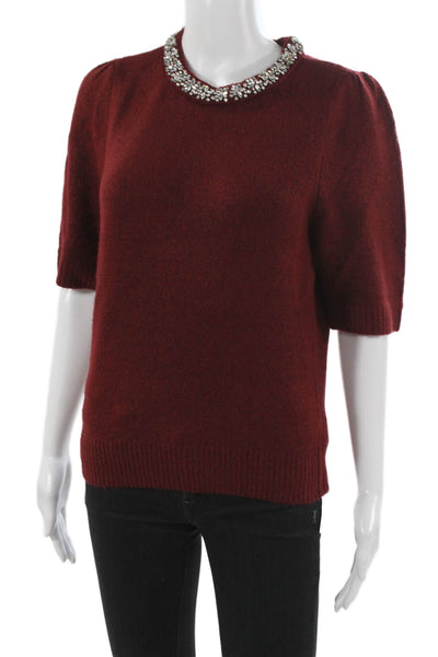 Marled Women Pullover Sweater Red Embellished Short Sleeve Round Neck Size S