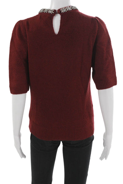 Marled Women Pullover Sweater Red Embellished Short Sleeve Round Neck Size S