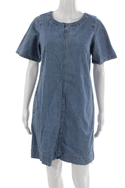 J Crew Women Shift Dress Blue Cotton Short Sleeve Knee Length Zip Size 0