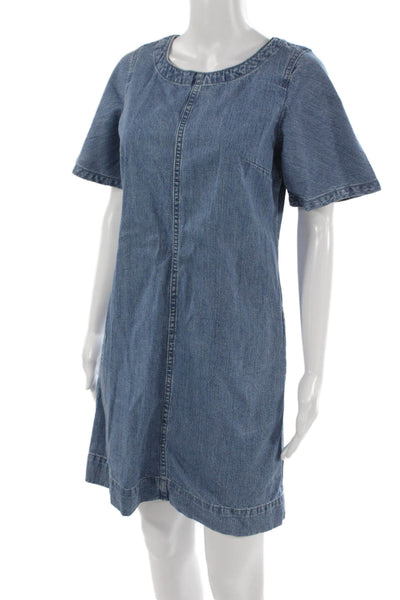J Crew Women Shift Dress Blue Cotton Short Sleeve Knee Length Zip Size 0