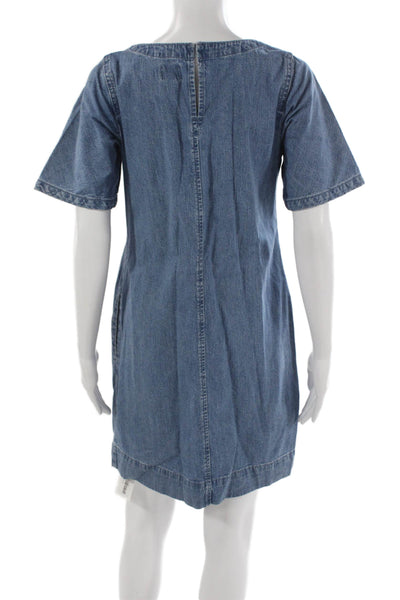 J Crew Women Shift Dress Blue Cotton Short Sleeve Knee Length Zip Size 0