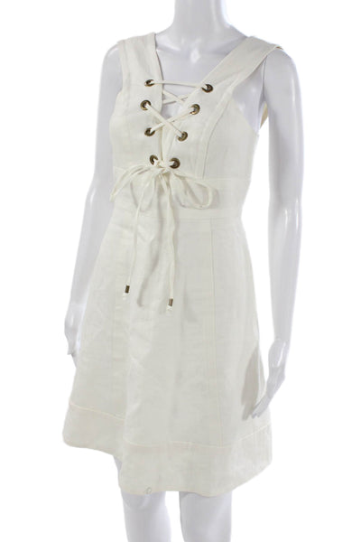 J Crew Womens Fit & Flare Linen V Neck Sleeveless White Dress Size 0