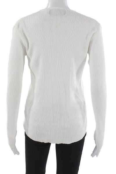 Ralph Ralph Lauren Women Basic Button-Up White Ribbed Knit Long Sleeve Size S