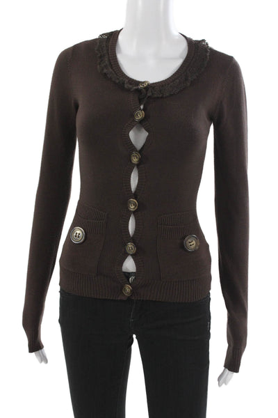 D&G Dolce & Gabbana Women Cardigan Brown Nylon Round Neck Long Sleeve Size XS