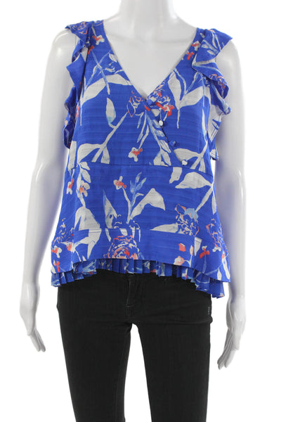 Tanya Taylor Women Blue Silk Floral V-Neck Sleeveless Button Blouse Size 2