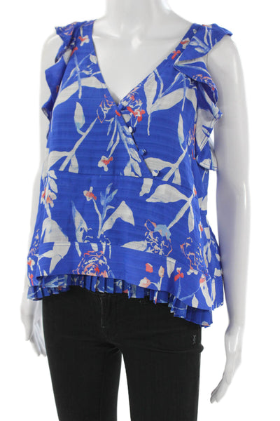 Tanya Taylor Women Blue Silk Floral V-Neck Sleeveless Button Blouse Size 2