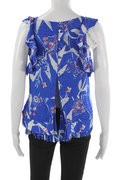 Tanya Taylor Women Blue Silk Floral V-Neck Sleeveless Button Blouse Size 2
