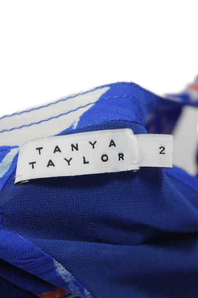Tanya Taylor Women Blue Silk Floral V-Neck Sleeveless Button Blouse Size 2