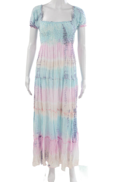 Lani Lau Women Tiered Dress Multicolor Square Neck Short Sleeve Midi Size S