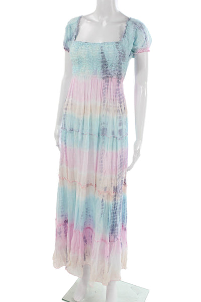 Lani Lau Women Tiered Dress Multicolor Square Neck Short Sleeve Midi Size S