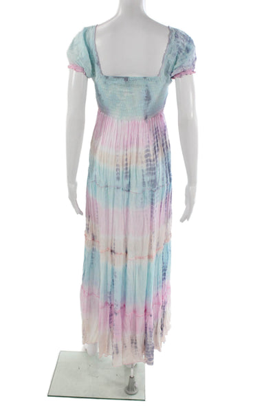 Lani Lau Women Tiered Dress Multicolor Square Neck Short Sleeve Midi Size S