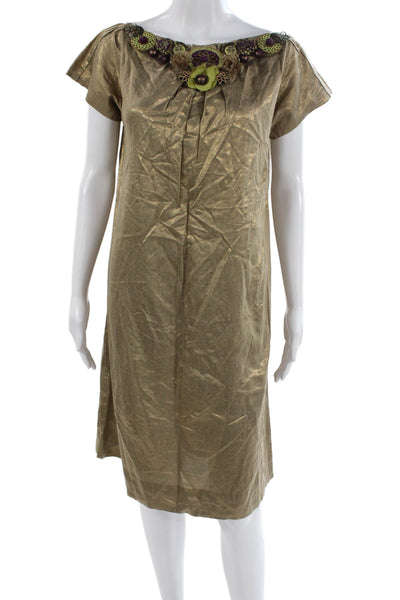 Nipa Badiani Women Shift Dress Gold Metallic Boat Neck Short Sleeve Zip Size 6