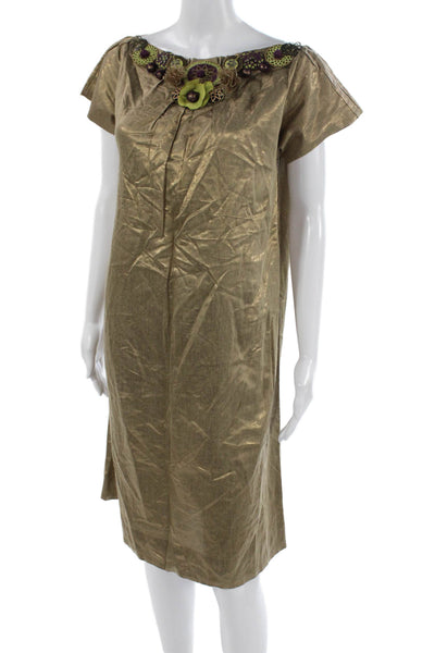 Nipa Badiani Women Shift Dress Gold Metallic Boat Neck Short Sleeve Zip Size 6