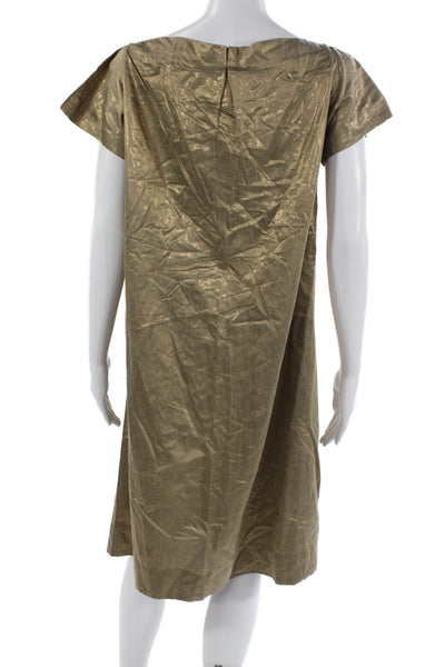 Nipa Badiani Women Shift Dress Gold Metallic Boat Neck Short Sleeve Zip Size 6