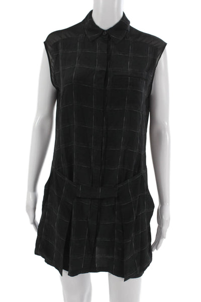 Allsaints Women Silk Grid Print High Neck Sleeveless Short Dress Black Size 6