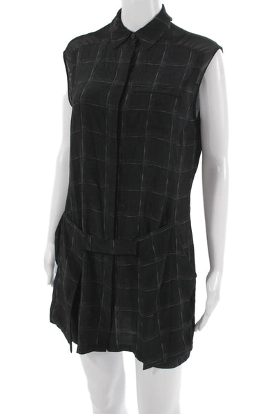 Allsaints Women Silk Grid Print High Neck Sleeveless Short Dress Black Size 6