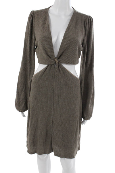 Le Lis Women Cut-Out Striped Dress Brown V-Neck Long Sleeve Knee-Length Size L