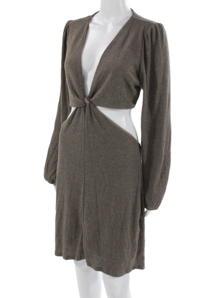 Le Lis Women Cut-Out Striped Dress Brown V-Neck Long Sleeve Knee-Length Size L
