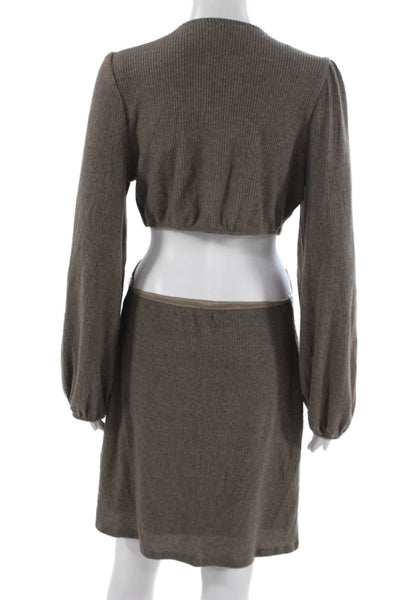 Le Lis Women Cut-Out Striped Dress Brown V-Neck Long Sleeve Knee-Length Size L