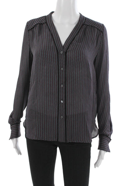 Vince Women Basic Silk V Neck Geometric Long Sleeve Blouse Size 2XS