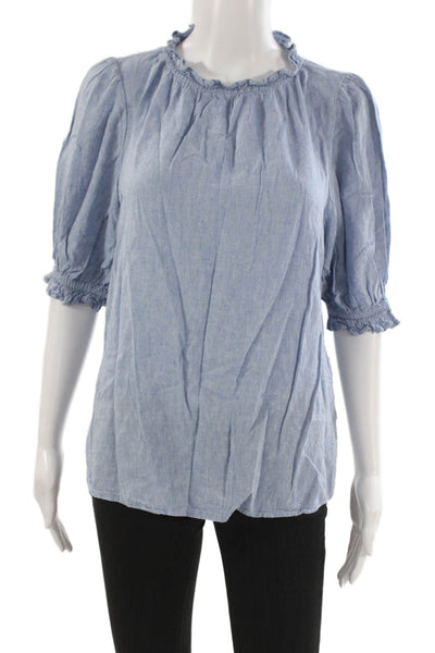 BeachLunchLounge Women Blue Linen Basic Blouse 3/4 Sleeve Petites Size S