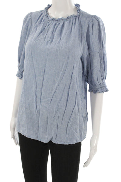 BeachLunchLounge Women Blue Linen Basic Blouse 3/4 Sleeve Petites Size S