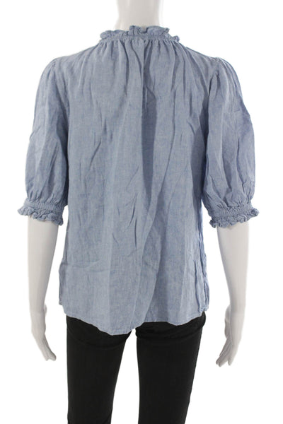 BeachLunchLounge Women Blue Linen Basic Blouse 3/4 Sleeve Petites Size S