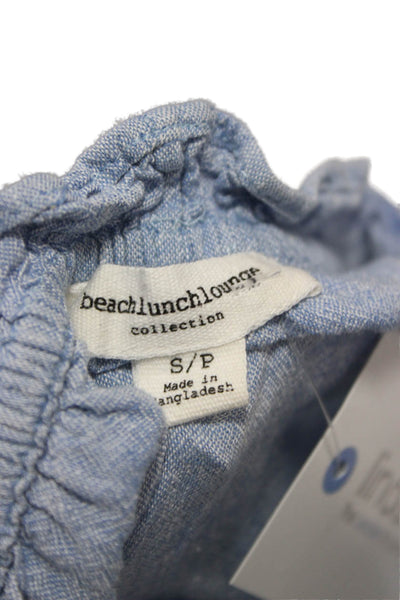 BeachLunchLounge Women Blue Linen Basic Blouse 3/4 Sleeve Petites Size S
