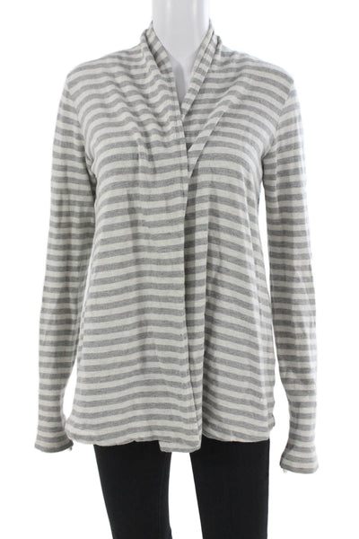 Theory Women Gray Striped Collared Cotton Open Front Longsleeve Cardigan Size S