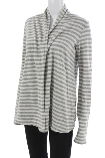Theory Women Gray Striped Collared Cotton Open Front Longsleeve Cardigan Size S