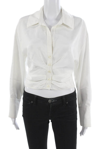 Zara Women Cropped Button Up Collared Viscose Blend White Long Sleeve Size S
