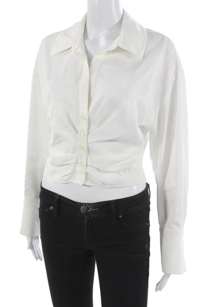 Zara Women Cropped Button Up Collared Viscose Blend White Long Sleeve Size S