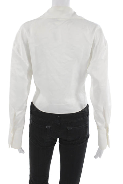Zara Women Cropped Button Up Collared Viscose Blend White Long Sleeve Size S