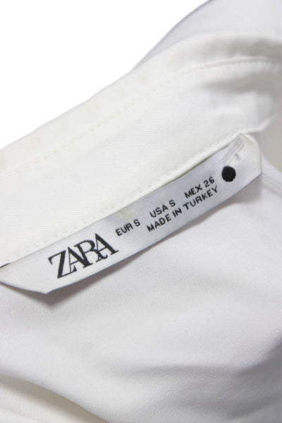 Zara Women Cropped Button Up Collared Viscose Blend White Long Sleeve Size S