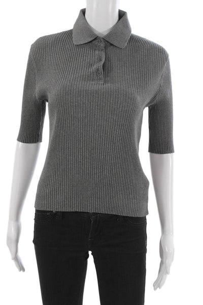 Zara Women Basic Striped Cotton Polo Collared Button 3/4 Sleeve Gray Size M