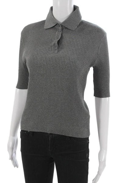 Zara Women Basic Striped Cotton Polo Collared Button 3/4 Sleeve Gray Size M