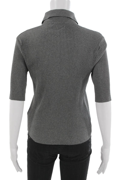 Zara Women Basic Striped Cotton Polo Collared Button 3/4 Sleeve Gray Size M