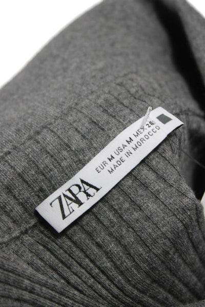 Zara Women Basic Striped Cotton Polo Collared Button 3/4 Sleeve Gray Size M