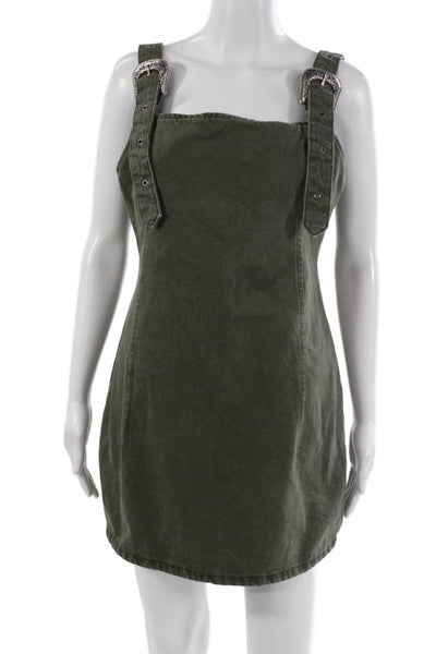 Zara Womens Green Cotton Square Neck Overall Dress Sleeveless Short Size L