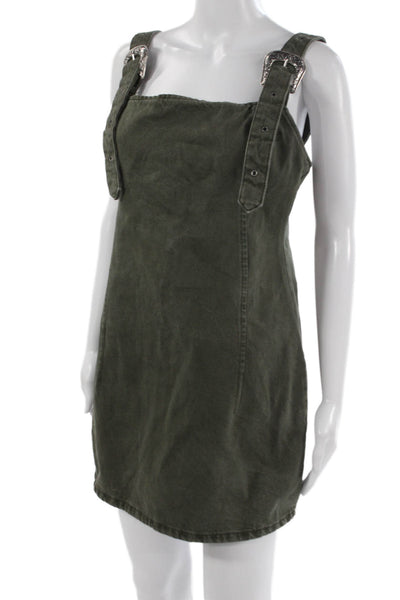 Zara Womens Green Cotton Square Neck Overall Dress Sleeveless Short Size L