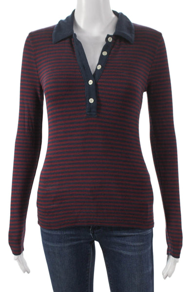 J Crew Women Red Striped Collared Long Sleeve Polo Size XS